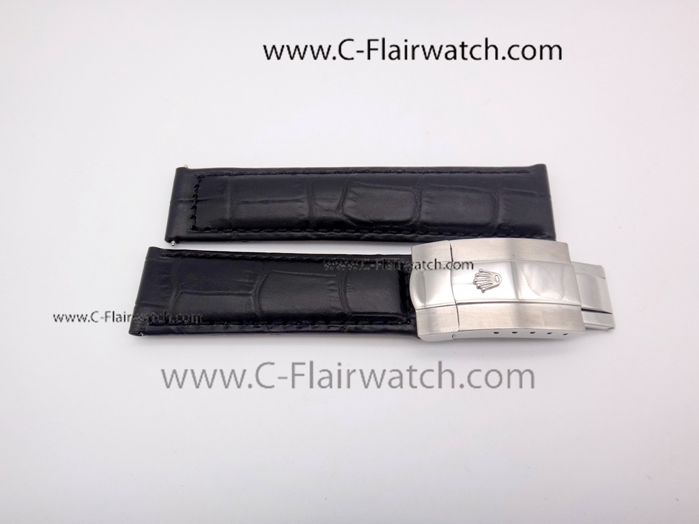 Black Leather strap w/ Silver Oyster buckle for Copy Rolex Watch